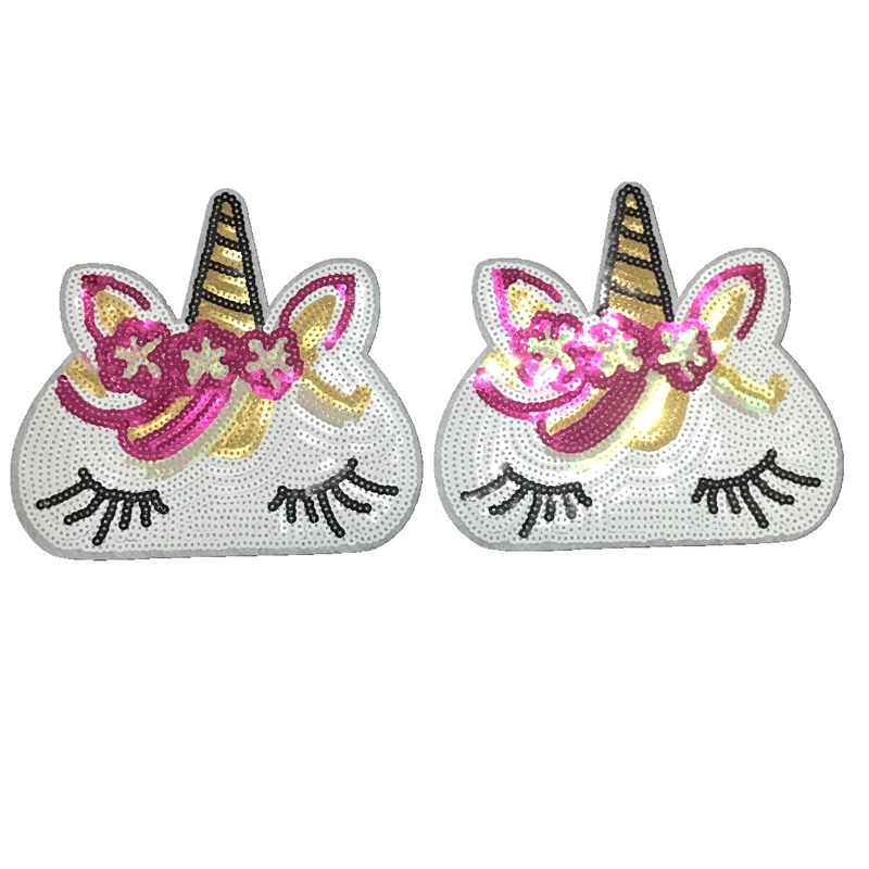 2Pccs/set New Cartoon Unicorn Sequin iron on Pathes for Clothes sequins Flower Horse Embroidery Appliques DIY sewing Decals