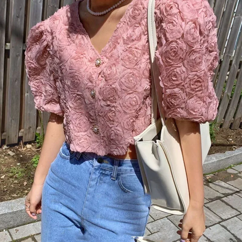 

Summer Blusas New V Neck Elegant Loose Lace Shirts Korean Three-dimensional Flowers Blouse Women Short Sleeve Short Tops 15583