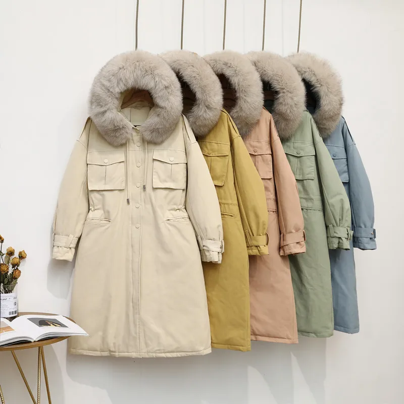 Зимний пуховик женский с капюшоном большой меховой воротник Длинная Парка