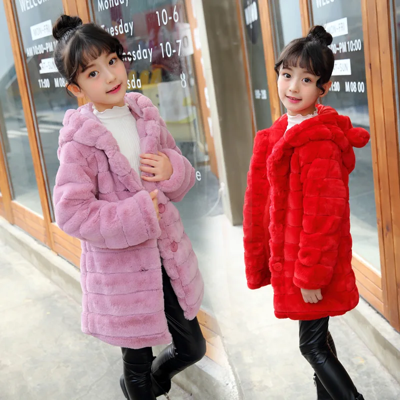 

Girls Imitation Fur Coat Thick Mid-length Wool Sweater Big Kid Hooded Winter Style Tops Zip-up Shirt