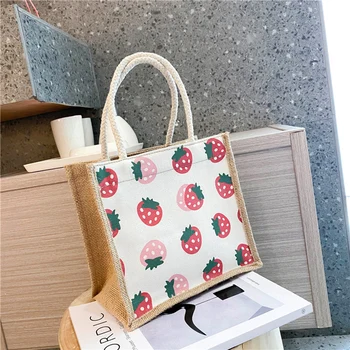 

2020 New Fashion Canvas Printed Handbags Women Girls Lunch Storage Box Linen Shopping Totes Bags For Women