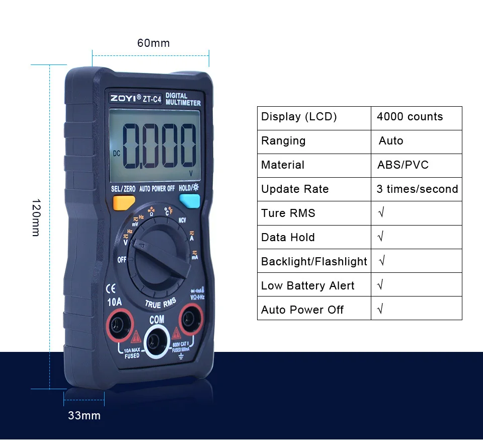 Цифровой мультиметр с автоматическим диапазоном 4000 отсчетов TRMS AC/DC Амперметр Вольтметр Ом мультиметрометр тестер с ЖК-подсветкой фонарик ZT-C3/C4