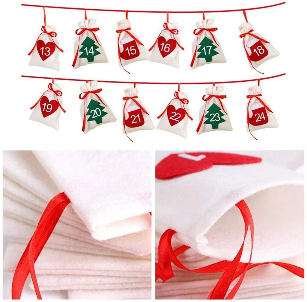 OurWarm 24/31 Days Hanging Pull Flag DIY Christmas Advent Calendar Gift Bags Happy New Year Countdown Xmas Decoration For Home