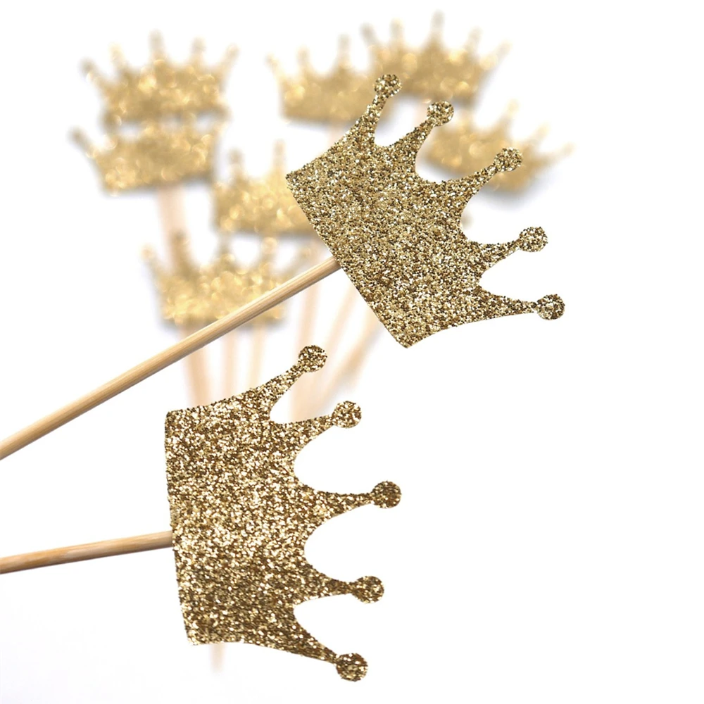 Lot of 20pcs Gold Glitter Crown Wood Stick Cake Topper Wedding Engagement Wedding Cake Birthday Cake Decor Party Supplies