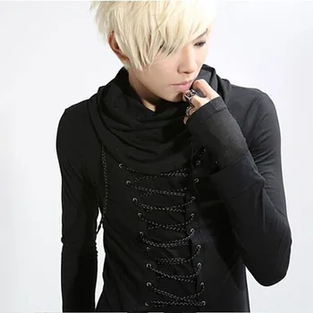

Moda masculina casual manga comprida luvas camiseta masculina gola alta ajuste fino camiseta punk gótico traje roupas