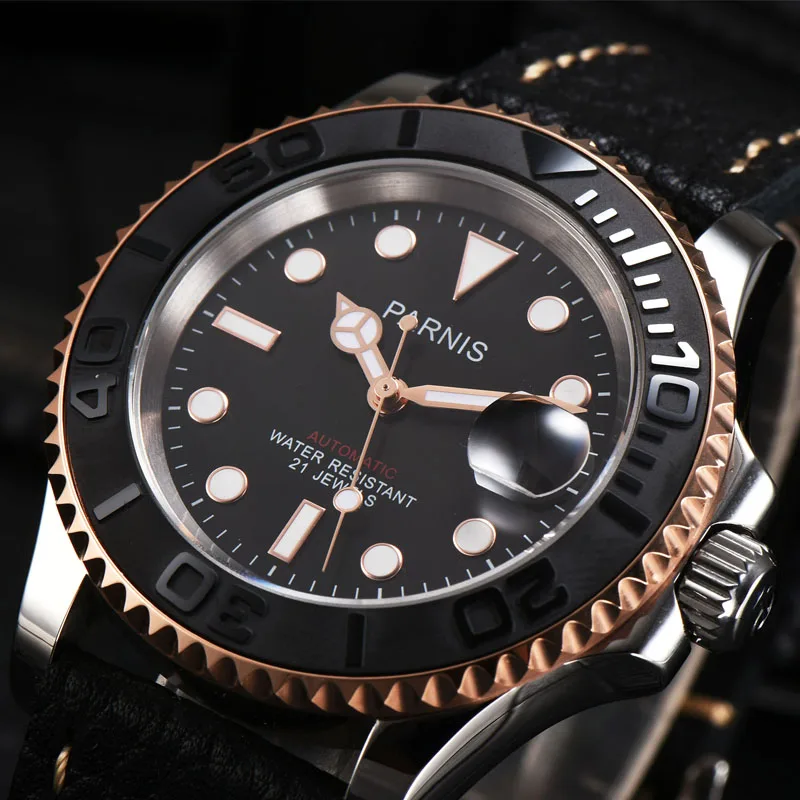 Новые Parnis 40 мм циферблат автоматические механические мужские часы Diver Miyota 8215 мужские часы сапфир черный кожаный ремешок мужские часы