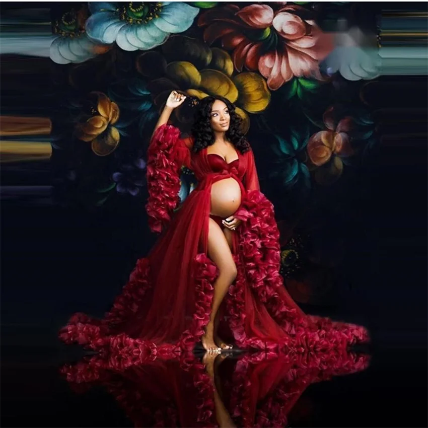 

Organza Tulle Evening Dresses Red Maternity Robes For Photo Shoot Long Sleeve Sexy Bridal Pregnancy Dress Sleepwear Custom Made