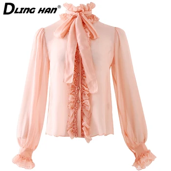 

LINGHAN European And American High-end Customized Heavy Ruffles Silk Shirt Long Sleeve Bow Collar Women White Blouse New