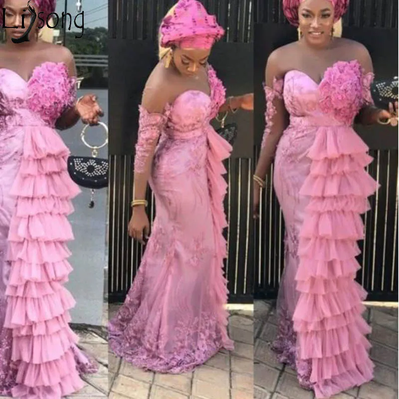 Нигерийский Стиль Розовый Русалка вечернее платье плюс размер Aso Ebi Многоуровневое Тюль Милая кружева винтажное платье для выпускного Abendkleider