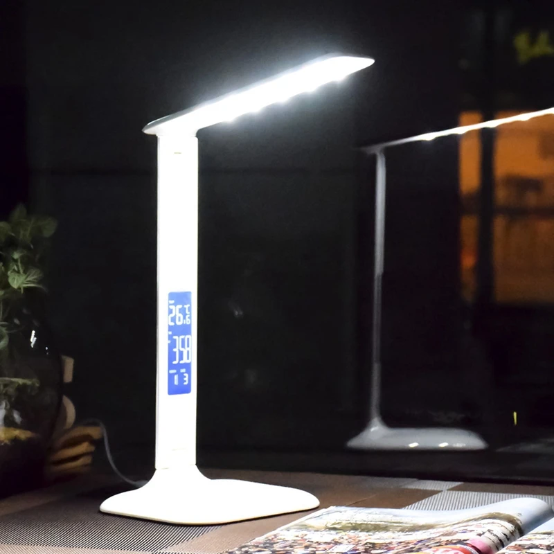 

ELEG-Led Table Lamp With Lcd Screen Desk Lamp Portable Reading Light With Calendar Clock Flexible Modern Office Dimmable