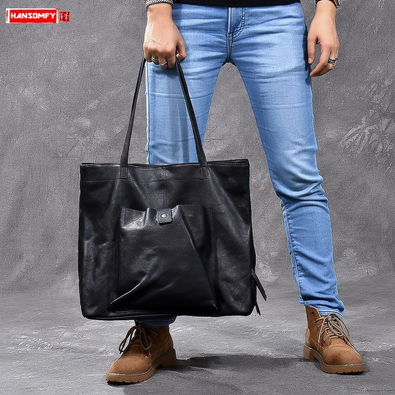 Imported Leather Large capacity Men Handbag Leather Tote Bag Men Tide Tote  Shoulder Messenger Bags Male Shopping Bags Black Soft| | - AliExpress