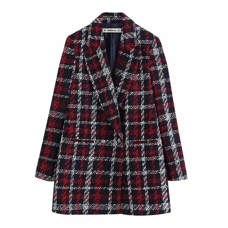 wonderful Women Fashion Tweed Red Plaid Za Long Jacket 2019 Autumn-winter Female Long Sleeve V-neck Warm Loos
