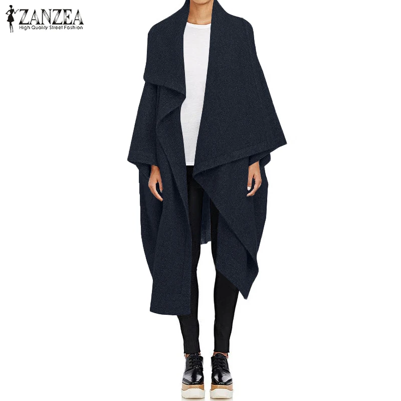 Г. ZANZEA Модный повседневный длинный Тренч женские пальто осенний кардиган с отворотом и воротником женский шерстяной плащ пончо Плюс Размер Топы