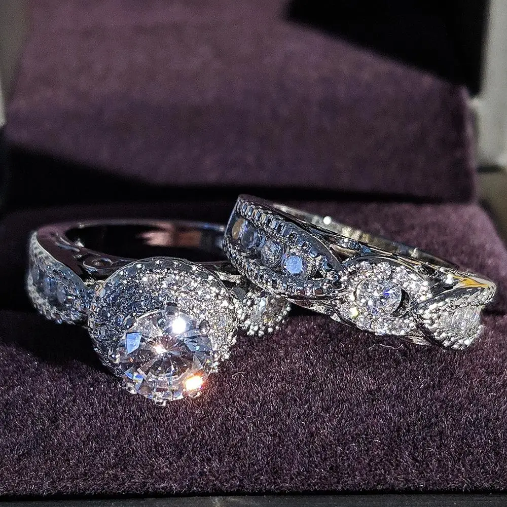 2020 New Luxury Halo 925 Sterling Silver Wedding Ring Set For