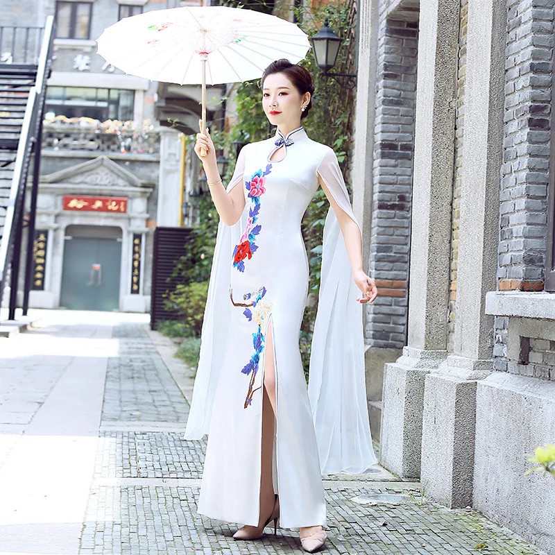 Пикантные Чонсам «рыбий хвост» с цветочной вышивкой улучшенный cheongsam танцевальная Костюмы Qipao вечернее платье Платье для вечеринки