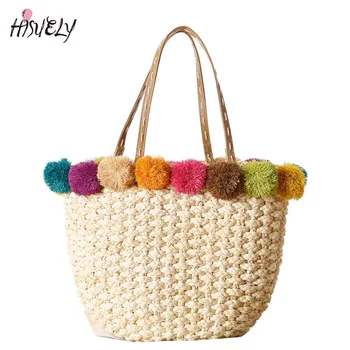 

HISUELY Hot Sale Raffia & Corn Skin Beach Bag Handmade Women Handbags Straw Bag Bohemia Holiday Shoulder Bags Causal Tote Gift