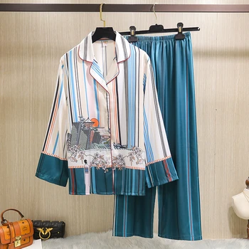 

Women's Pajamas Hot Sale Explosion Home Furnishing Satin Ice Silk New nightwear Spring Summer Long Sleeve Stripe Two-Piece Suit