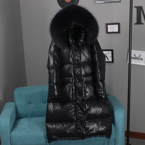 black real fur colla Kmeram, зимнее пальто для женщин, воротник из натурального меха енота, пуховик на утином пуху, женское корейское длинное пальто, женская теплая парка MY4804 - Цвет: black real fur colla