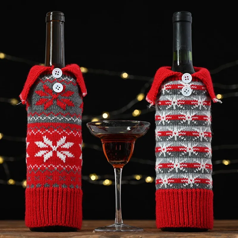 Christmas Red Wine Bottle Covers Bag Knitted Beautiful Snowflake PVC Champagne Bottle Covers Christmas Party Home Decor