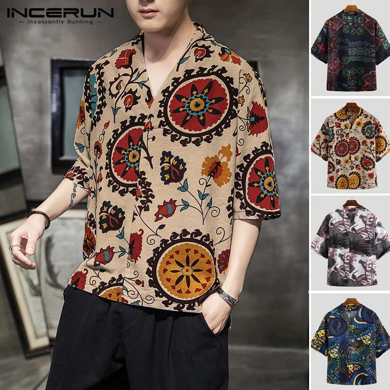 Men Vintage Shirt Cotton Breathable Blouse Casual Half Sleeve Camisa V Neck Chinese Style Printed Shirts Streetwear Tops S-3XL