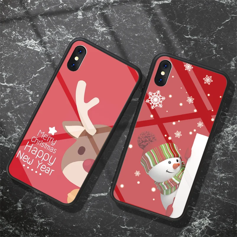 Рождественский новогодний милый чехол из закаленного стекла для телефона Apple iPhone XR XS Max X 10 8 7 6 6s Plus Coque Cover для iPhone XR Case