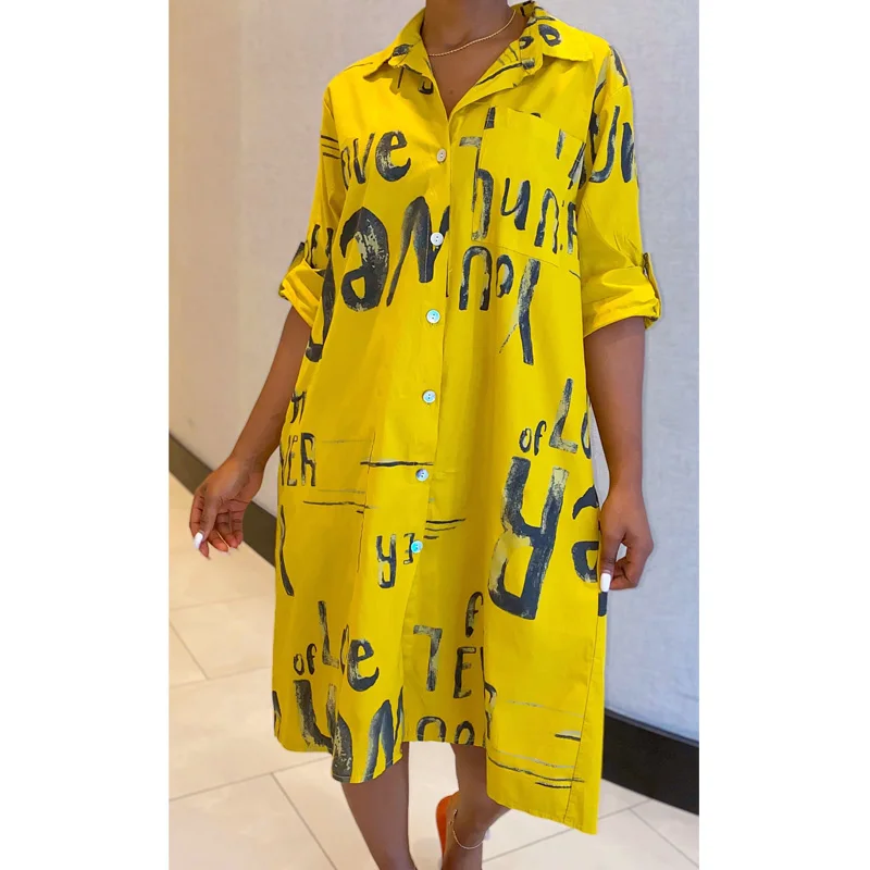 Pluse Size Loose Long Sleeve Shirt Dress Women 2020 Streetwear Office Letters Print Casual Midi Party | Женская одежда