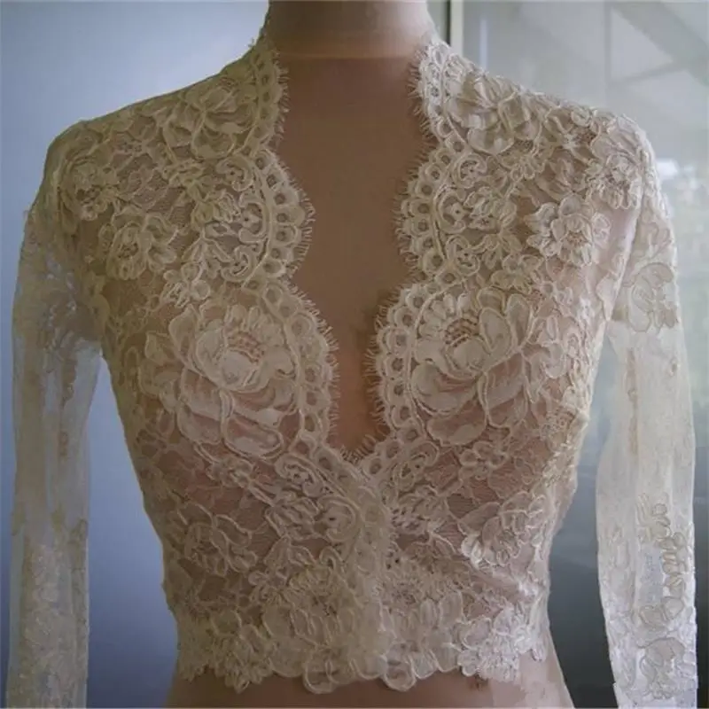 Real Image High V Neck Wedding France Lace Appliques White Ivory Jackets Long Sleeve Bridal Wraps Shawl Shrug Custom Size Jacket