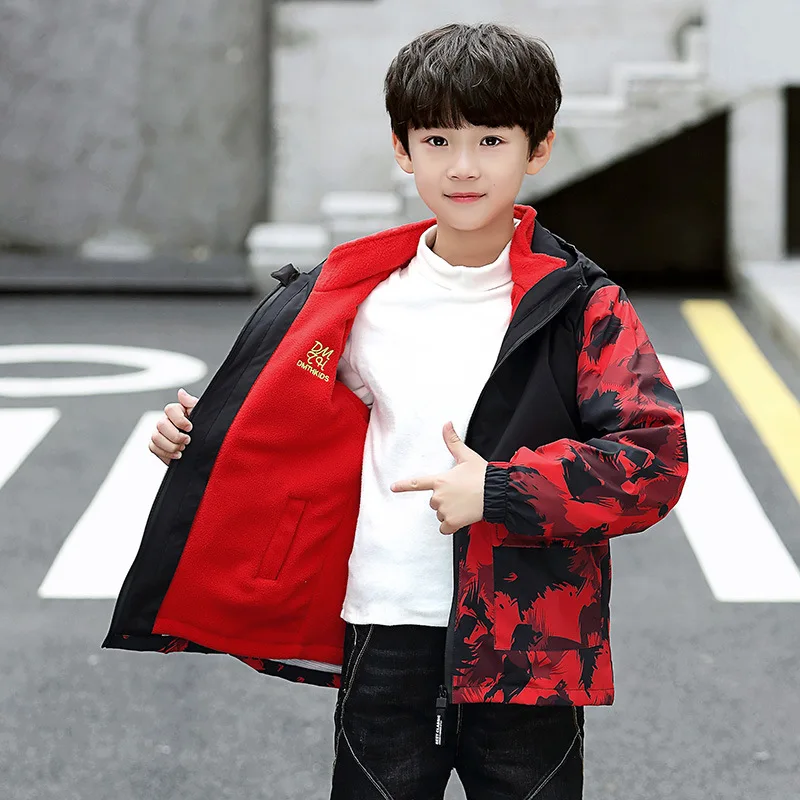 Детская одежда; куртка для мальчиков; топы для больших детей; камуфляжная куртка; сезон осень-зима; плотная теплая ветровка - Цвет: Красный