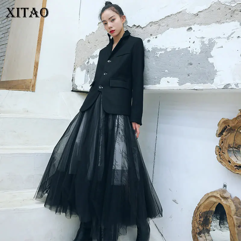 

[XITAO] Loose Women 2019 Spring Summer Single Breasted Korea Fashion Solid Color Pocket Notched Collar Casual Blazer ZLL2986