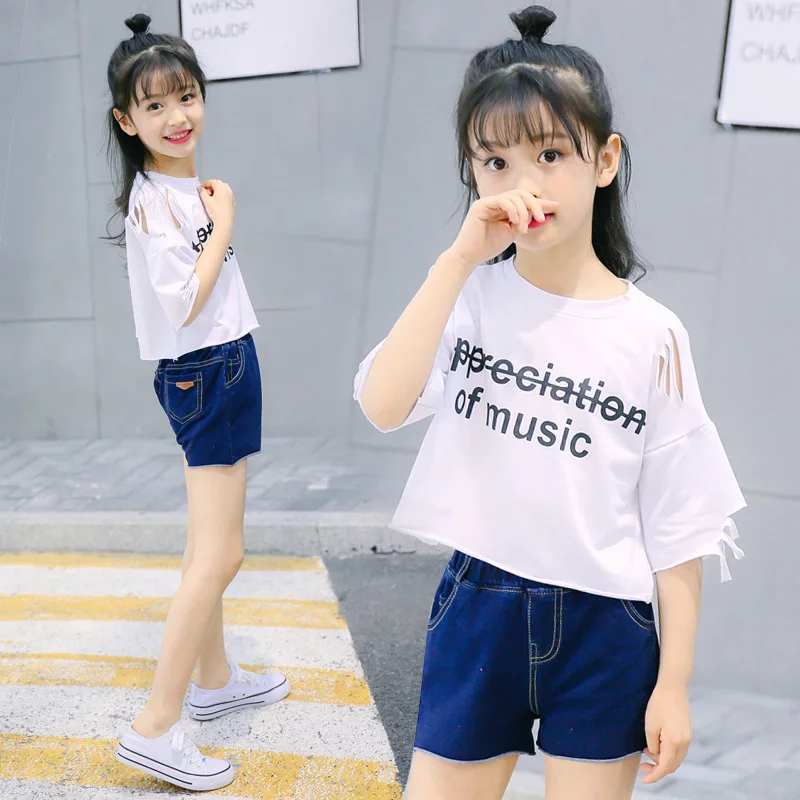 

Girls' Shirt 2019 Summer New Style Printed Letter with Holes T-shirt Denim Shorts Set Big Boy Korean-style Fashion-Style