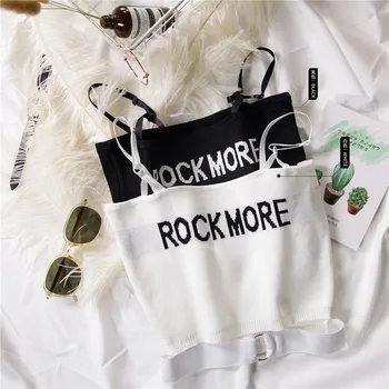 

HELIAR Women Crop Tops топ женский Off Shoulder Tops Lettering "ROCK MORE" Spaghetti Camis For Women 2020 Summer топы женские