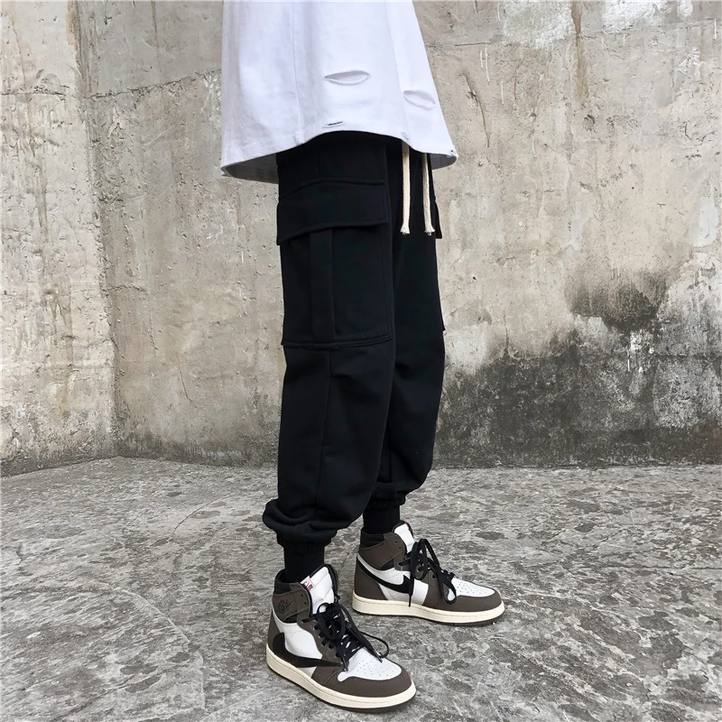Liketkit Mens Cargo Pants Black Streetwear 2019 Solid Big Pockets Hip Hop Joggers Pants Male Fashions 5