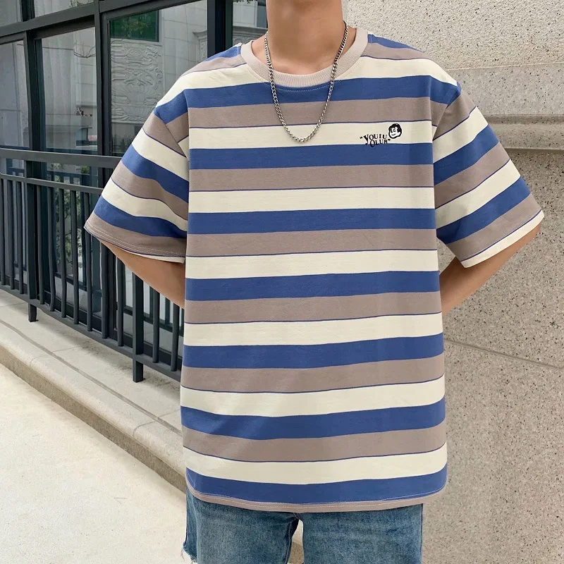 

2021summer Short-Sleeved Striped Men's T-Shirt Oversized Loose Casual Couple Clothes Funny Hip Hop Fashion Simplicity Streetwear
