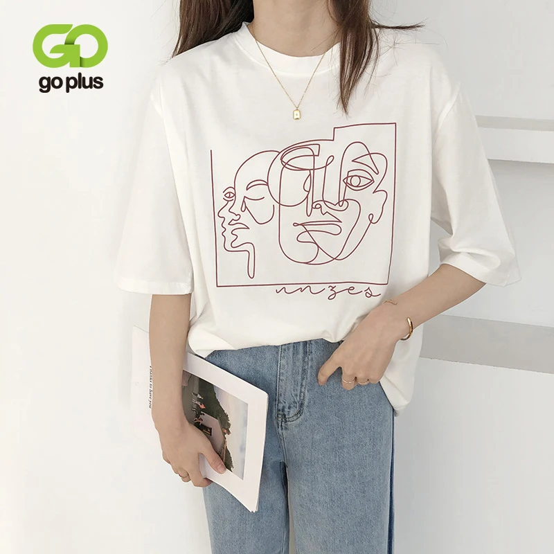 

GOPLUS Summer Women's Tshirt Round Neck Short Sleeve Harajuku Black White Loose T-shirt Top Women Clothes Ropa Mujer