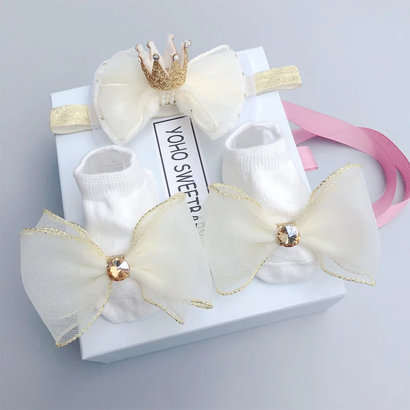 2Pcs Baby Girl Socks Headband Set Lace Bows Newborn Girl Head bands Crown Infant Baby Turban Short Socks Hair Accessories 0-12M hair accessories hair bands hair headband accessories baby headband set headband sock set
