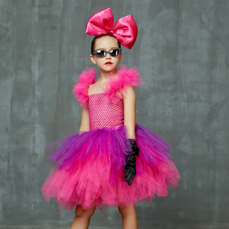 Bright Pink and Purple Tutu Dress with Deluxe Bows and Glasses Girls Punk Rock Tutu Dress Kids Birthday Party Halloween Costume