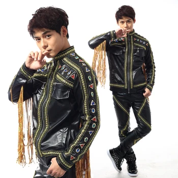 

2020 Male Singer Stage Costume Punk Black Leather Suit Rhinestone Fringe Jacket Pant Festival Rave Party Outfit Men's Wear 3739