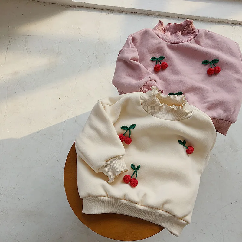 New Winter Cute Toddler Girls Three-dimensional Cherry Cartoon Shirt Clothing Baby Girl Velvet High Collar Hoodies Tops Outfit