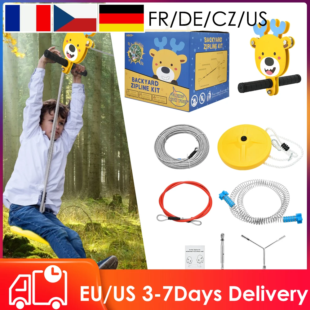 

80/100/120ft 6mm Zip Line Kit For Children With Spring Brake And Seat Zip Lines For Adults Outdoor Steels Cable Zip Line Kit