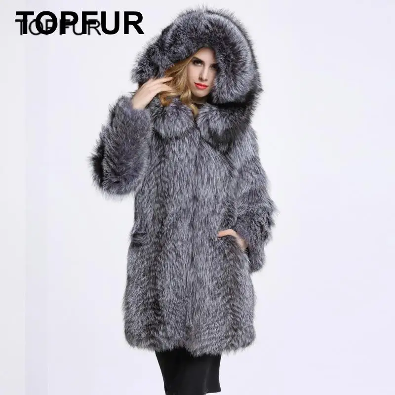 TOPFUR Большая распродажа Новое натуральное цельное шуба из меха серебристой лисы с меховым капюшоном для женщин Высокое качество зимняя верхняя одежда из меха лисы