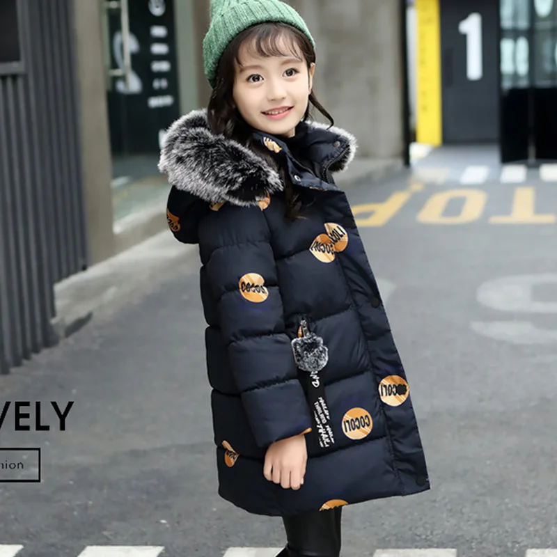 Baby winter new girl down jacket children letter printing thick warm cotton coat girl baby big fur collarcotton hoodedlong coat