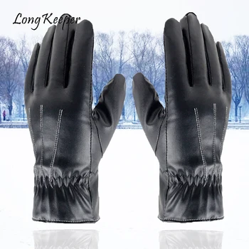 

Winter Mens PU Leather Gloves Women Warm Touch Screen Gloves Driving Windproof Guantes Luvas Black Thicken Full Finger Mittens