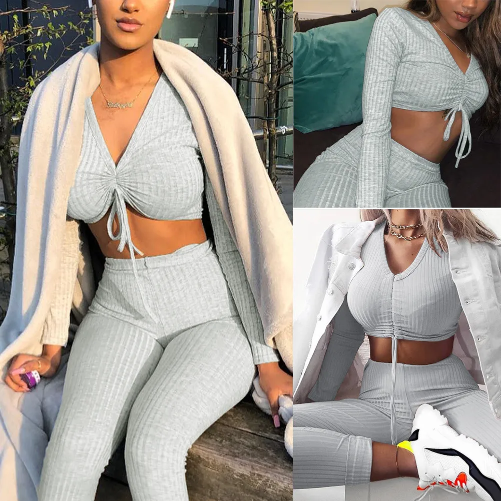 Fashion Brand New Autumn Women Knit Crop Top Lounge Wear Suit Ladies 2pcs Tracksuit Set Casual Long Pants
