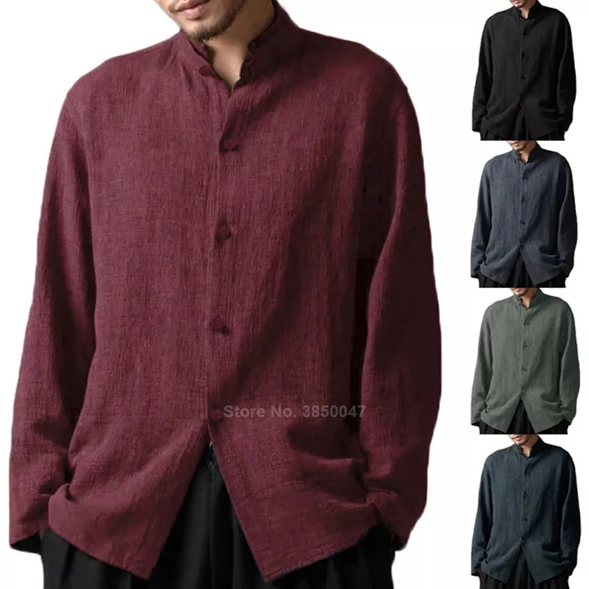 Длинный рукав хлопок мужской Тан костюм рубашка Традиционный китайский национальный костюм повседневный мужской сплошной цвет год куртка одежда S-5XL