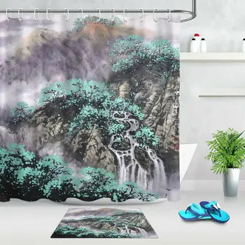 

Chinese Landscape Painting Polyester Fabric Shower Curtain Set
