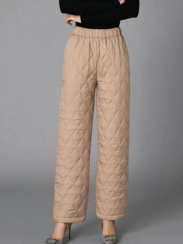 Women Winter Warm Down Cotton Pants Padded Quilted Trousers Elastic Waist Casual Trousers