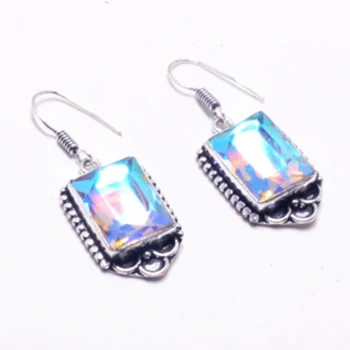 

Rainbow Fire Topaz Earrings Silver Overlay over Copper ,Hand made Women Jewelry Gift, E5582