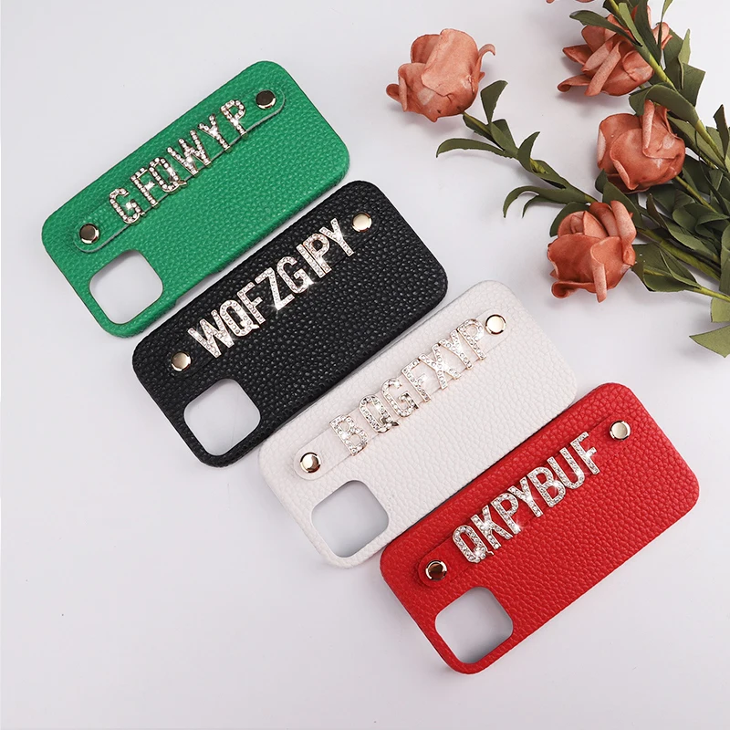 Luxury Custom Initial Name Pebble Leather Phone Case For iPhone 11 12 13 Pro Mini Max XR XS 7 8Plus Diamond Metal Letters Cover Luxury Custom Initial Name Pebble Leather Phone Case For iPhone 11 12 13 Pro Mini Max XR XS 7 8Plus Diamond Metal Letters Cover