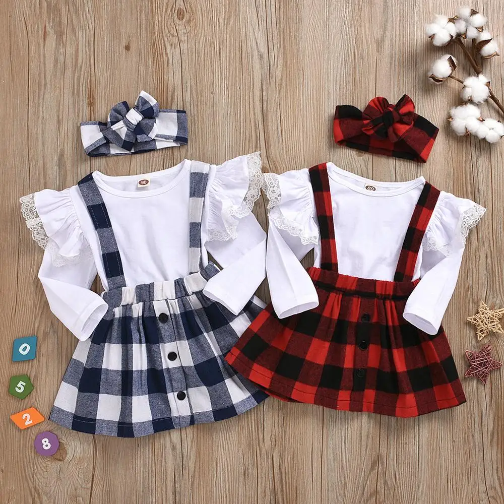 

9M-5Years Toddler Kid Girls Christmas Clothing Set Lace Ruffles Tops + Plaid Skirts Red Dress Xmas Autumn Spring Kid Outfits
