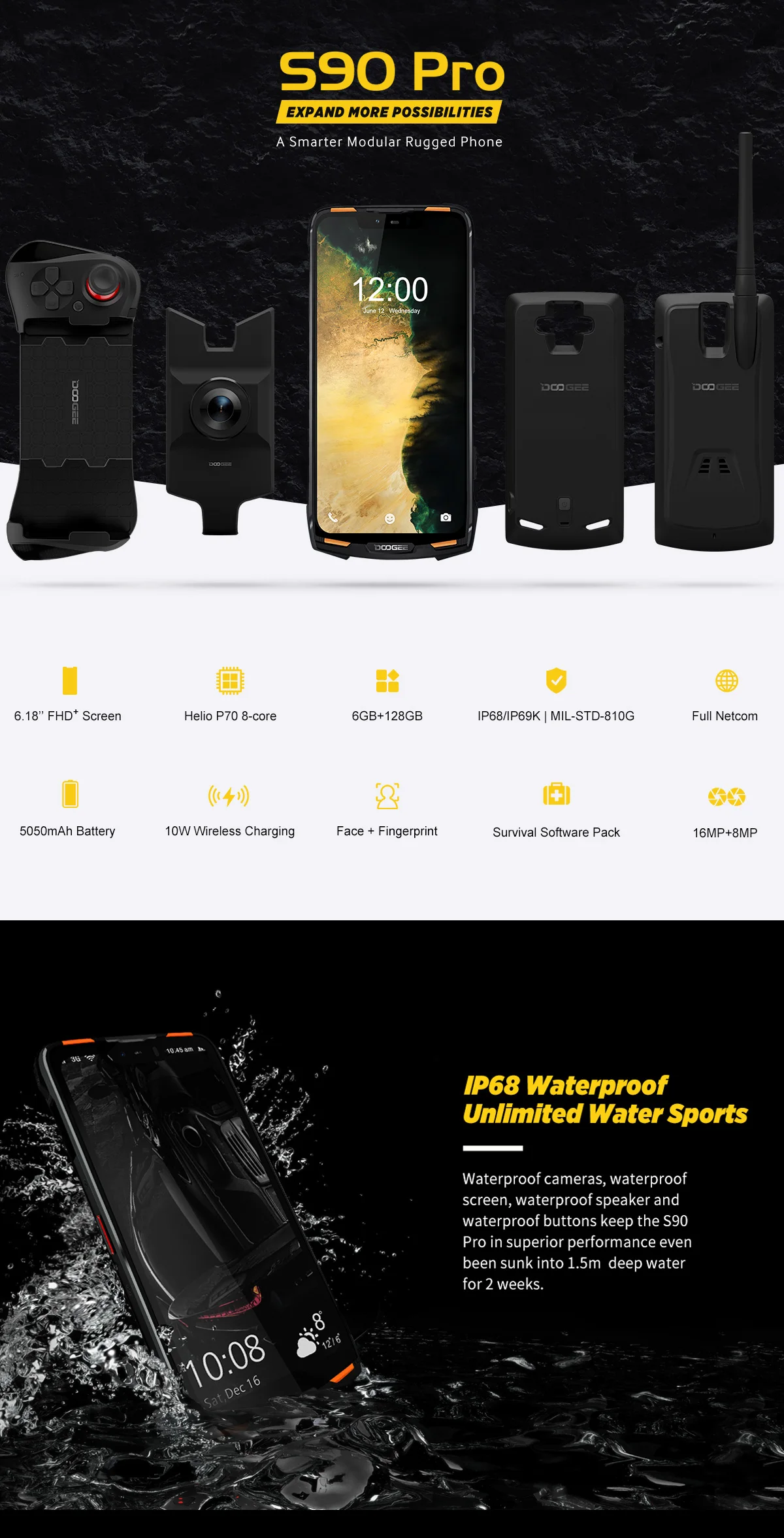 IP68 DOOGEE S90 Pro модульный прочный мобильный телефон Helio P70 Восьмиядерный 6 ГБ 128 ГБ 6,18 дюйма дисплей 12V2A 5050 мАч 16MP + 8MP Android 9